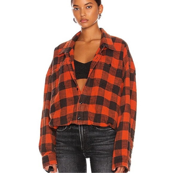 R13 Red and Black Buffalo Plaid Cropped Button-Up Shirt - Picture 11 of 14